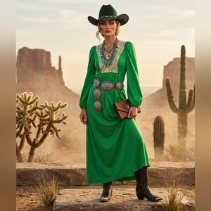 1970's Vintage Green Maxi Dress with Lace Detail